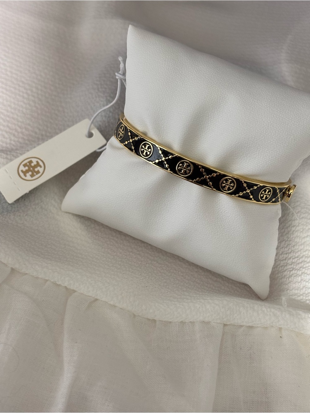 Tory Burch Gold and Black Enamel Logo Slim Hinged Bracelet